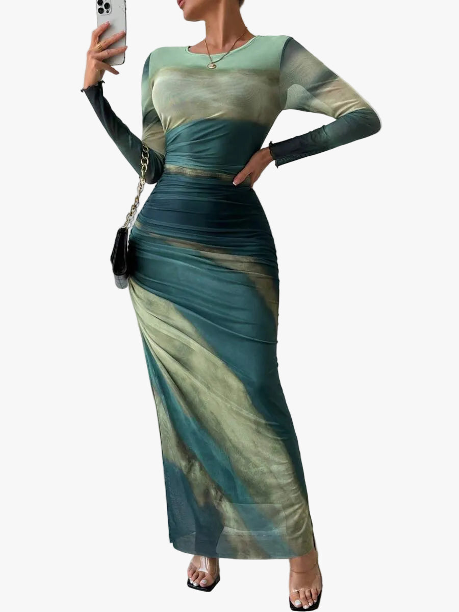 Yvaine women's printed mesh ruched maxi dress