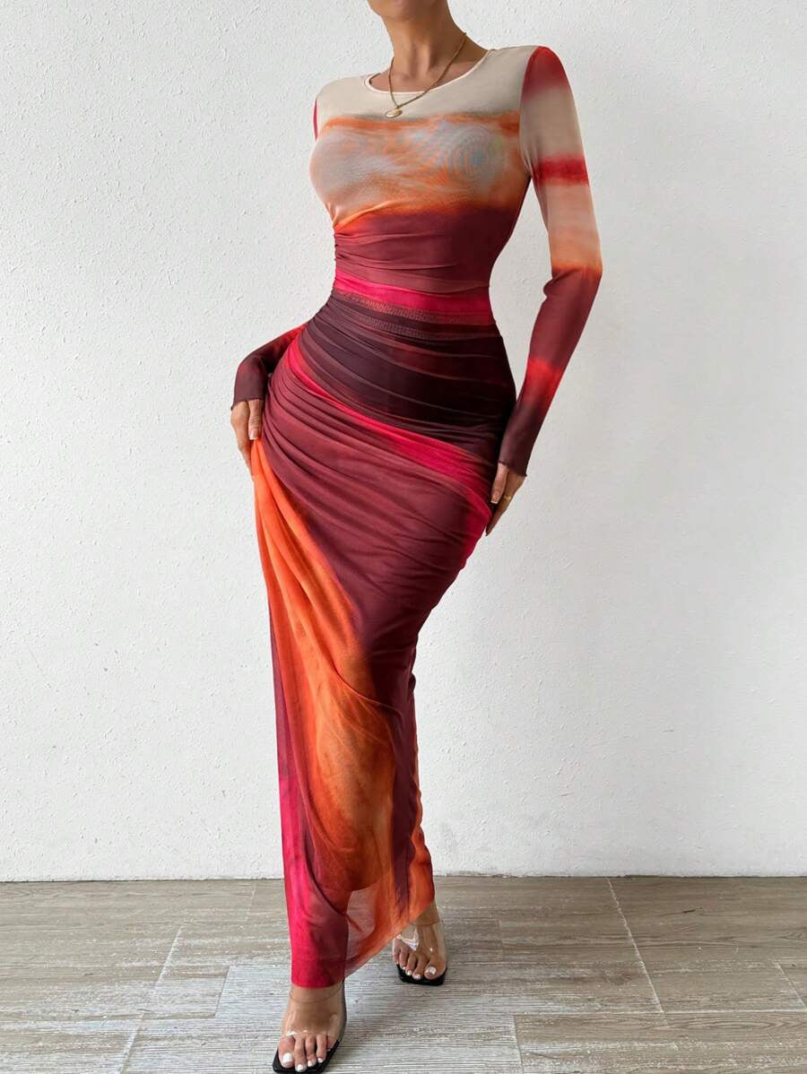 Yvaine women's printed mesh ruched maxi dress