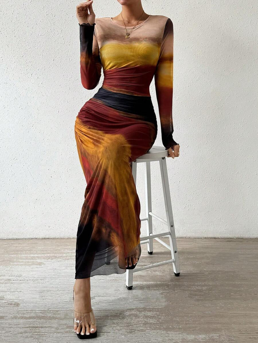 Yvaine women's printed mesh ruched maxi dress