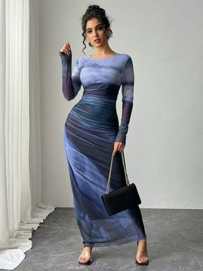 Yvaine women's printed mesh ruched maxi dress