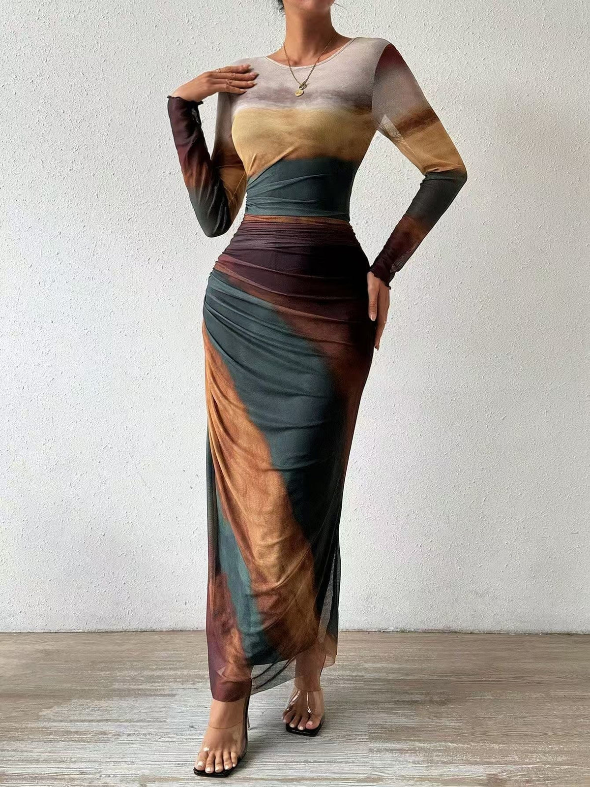 Yvaine women's printed mesh ruched maxi dress