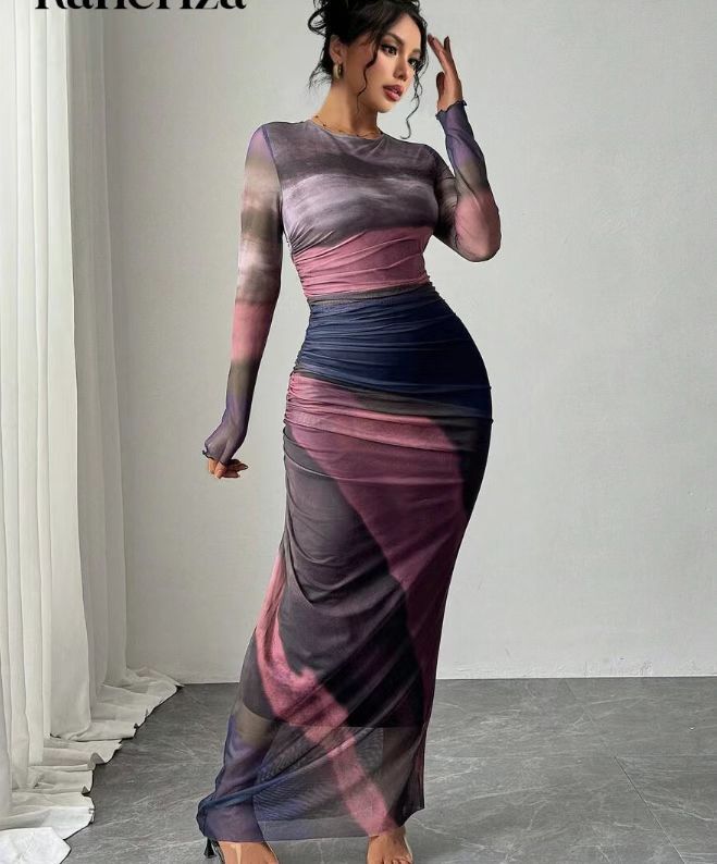 Yvaine women's printed mesh ruched maxi dress