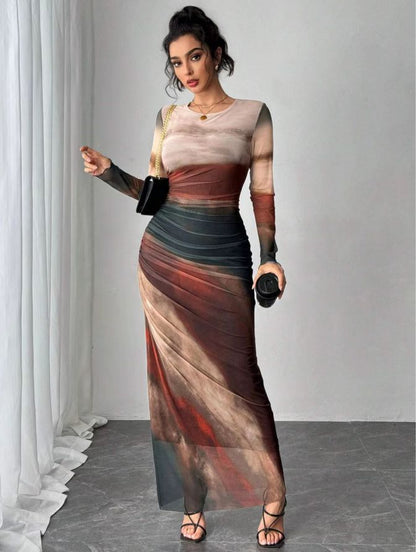 Yvaine women's printed mesh ruched maxi dress