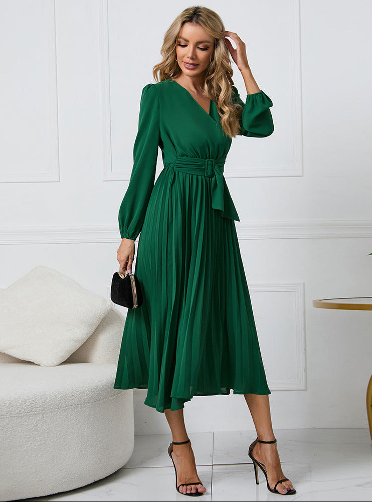 Hélène | Pleated Long Sleeve Midi Wedding Guest Dress