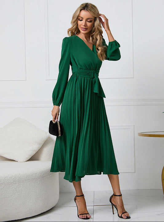 Hélène | Pleated Long Sleeve Midi Wedding Guest Dress