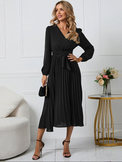 Hélène | Pleated Long Sleeve Midi Wedding Guest Dress