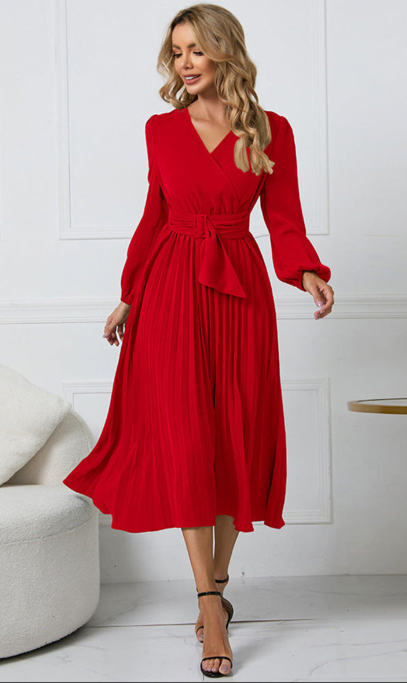 Hélène | Pleated Long Sleeve Midi Wedding Guest Dress