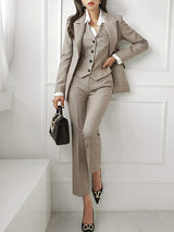 Notch lapel blazer, vest and trouser set in khaki, front view