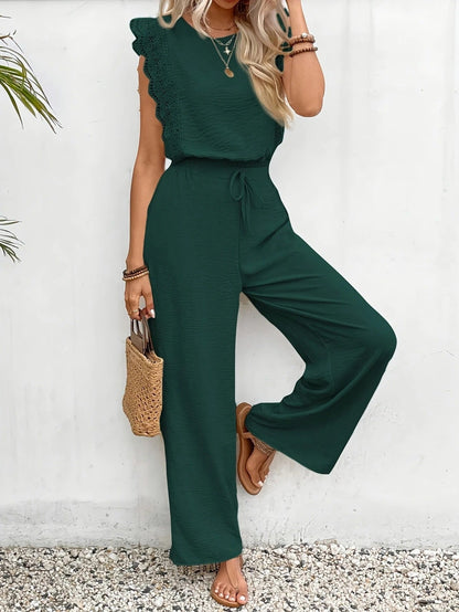 Aurélie | Lace Trim Cap Sleeve Top & High Waist Wide Leg Pants Set