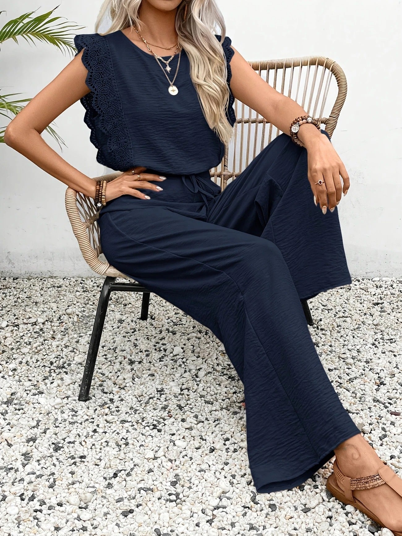Aurélie | Lace Trim Cap Sleeve Top & High Waist Wide Leg Pants Set