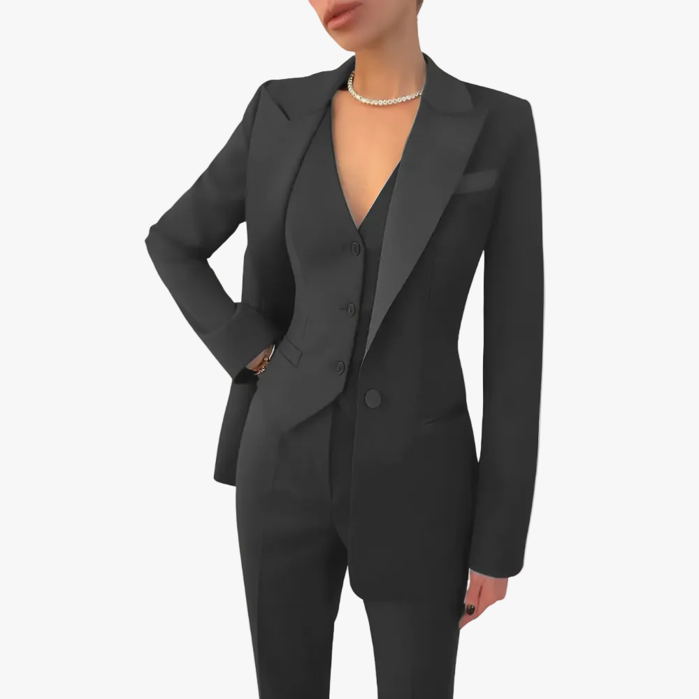Woven three-piece notch lapel suit in black, front view