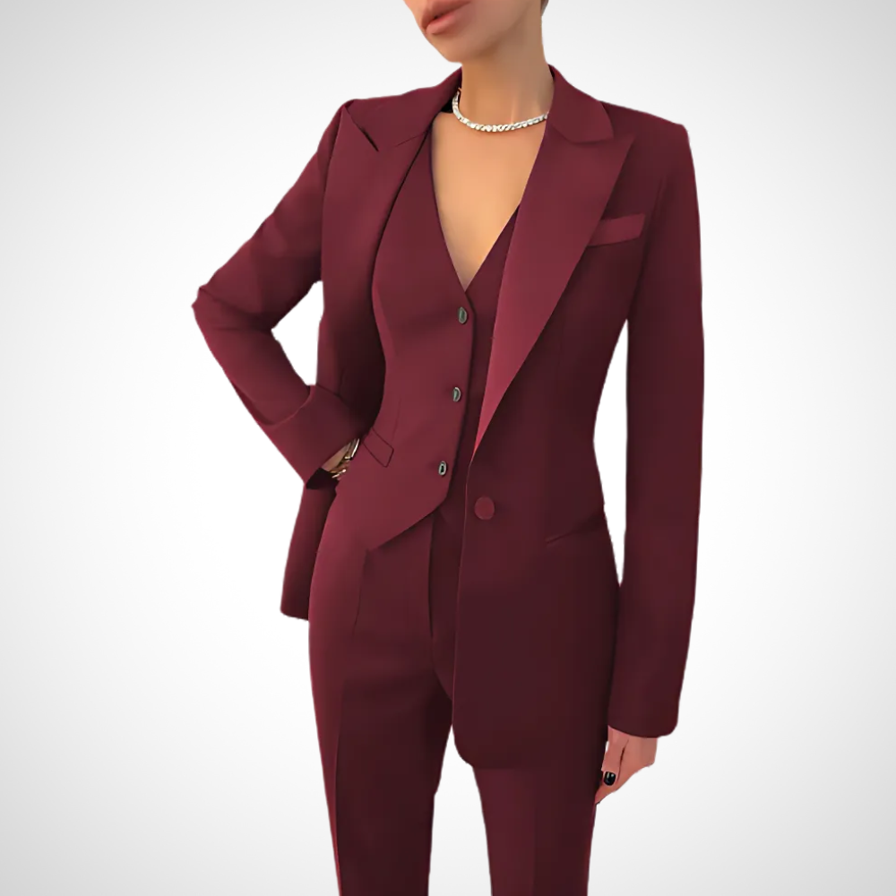 Black three-piece suit showing V-neck button vest
