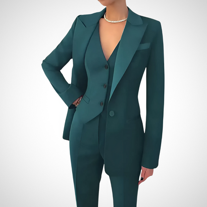 Notch lapel blazer and straight-leg trousers, side view