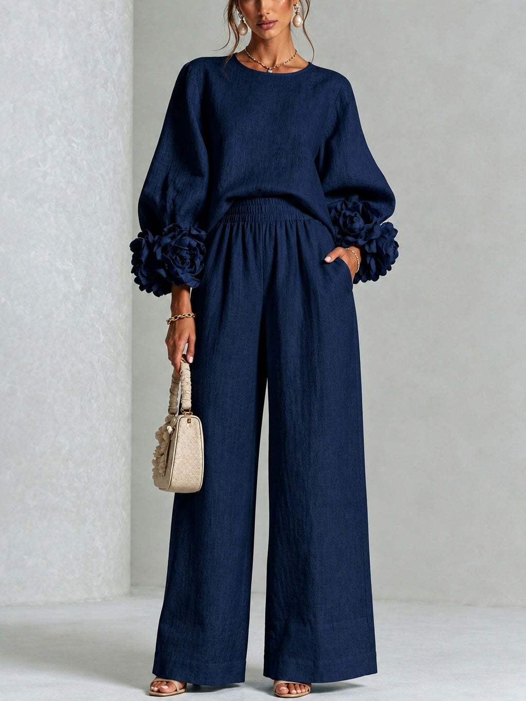 Matching top & wide-leg pants set in navy blue