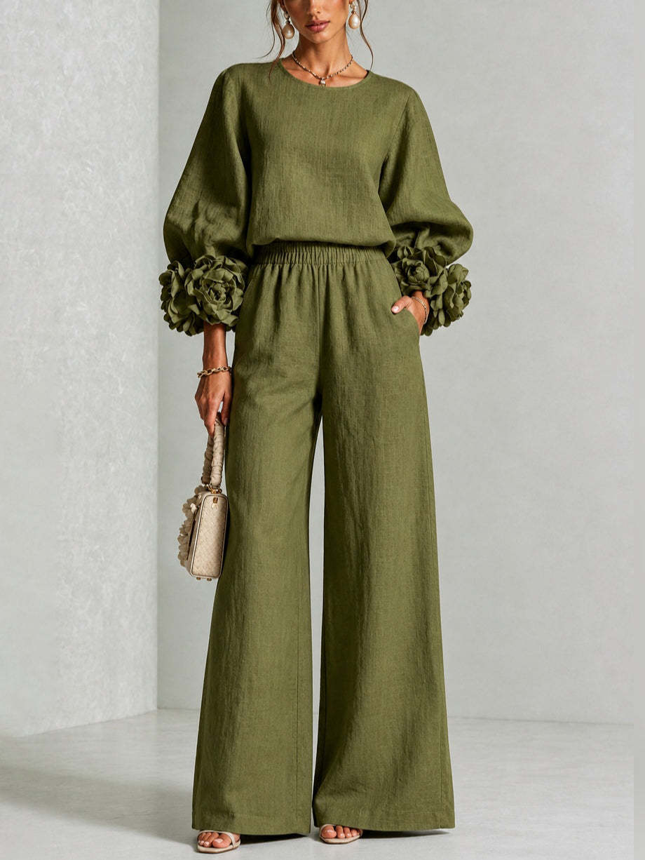 Matching top & wide-leg pants set in green
