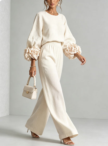 Matching top & wide-leg pants set in white