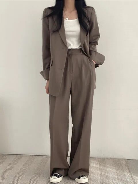 Oversized blazer pant suit in dark brown