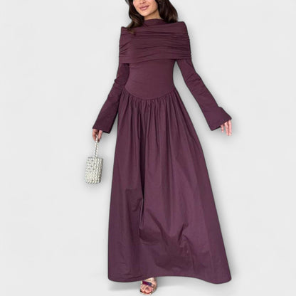 Zinaida long sleeve high-neck maxi dress in burgundy, front view