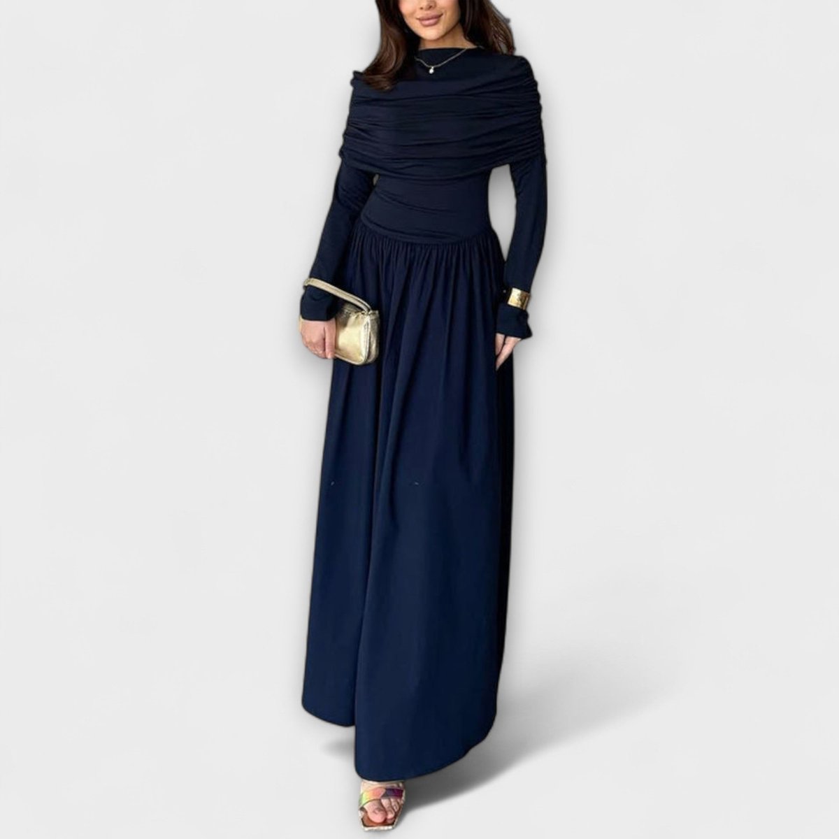 Long sleeve high-neck maxi dress in navy blue