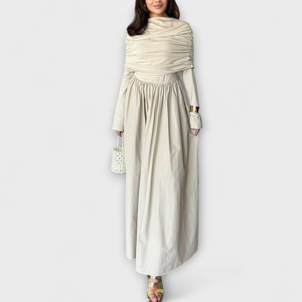 Long sleeve high-neck maxi dress in white