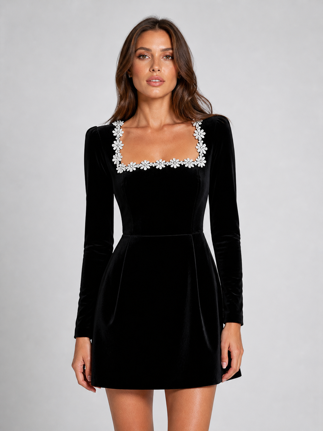 Zsofia embellished long sleeve party dress in black, front view