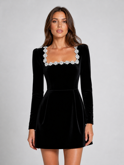 Zsofia embellished long sleeve party dress in black, front view