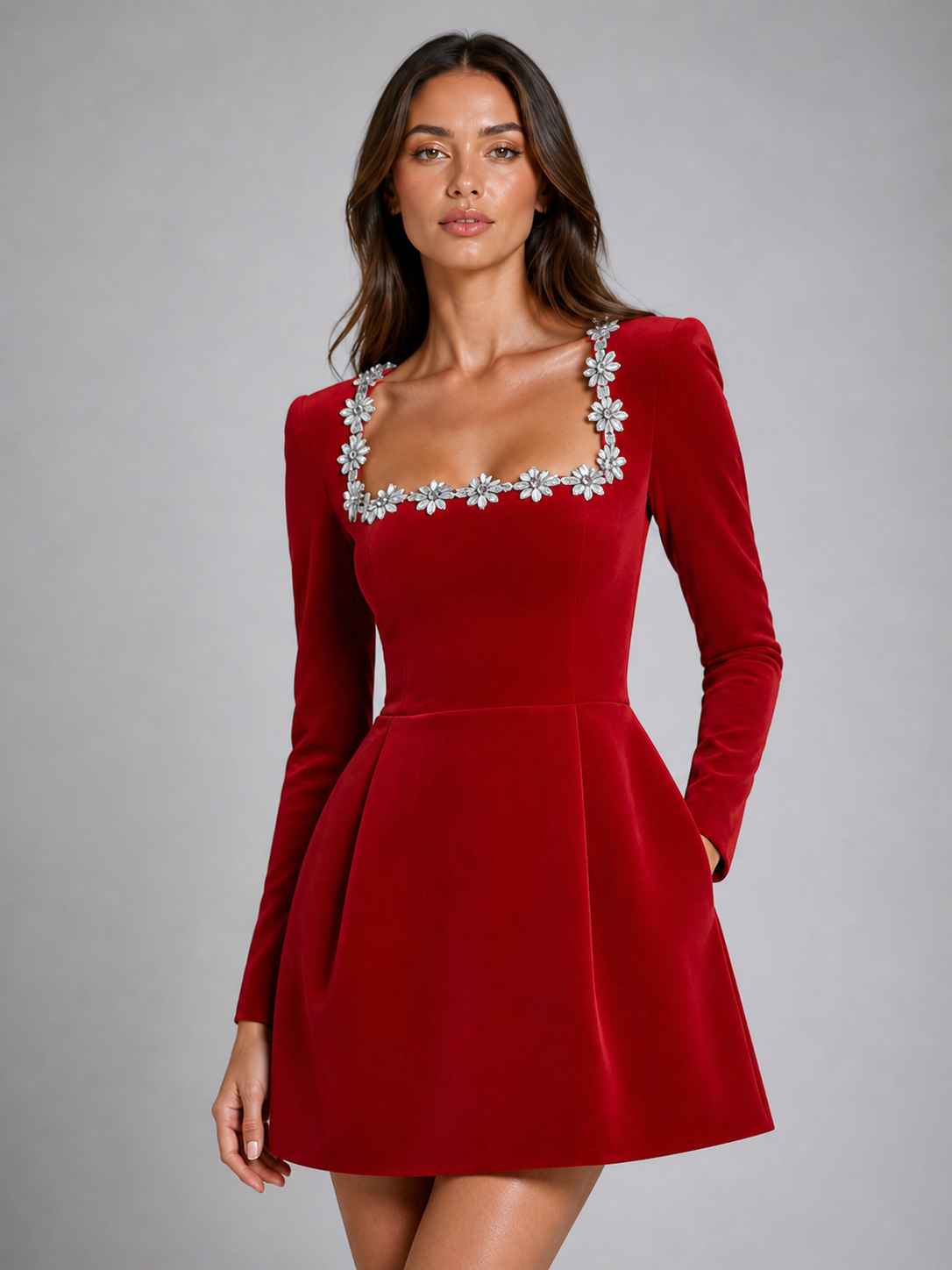 Embellished long sleeve party dress in red
