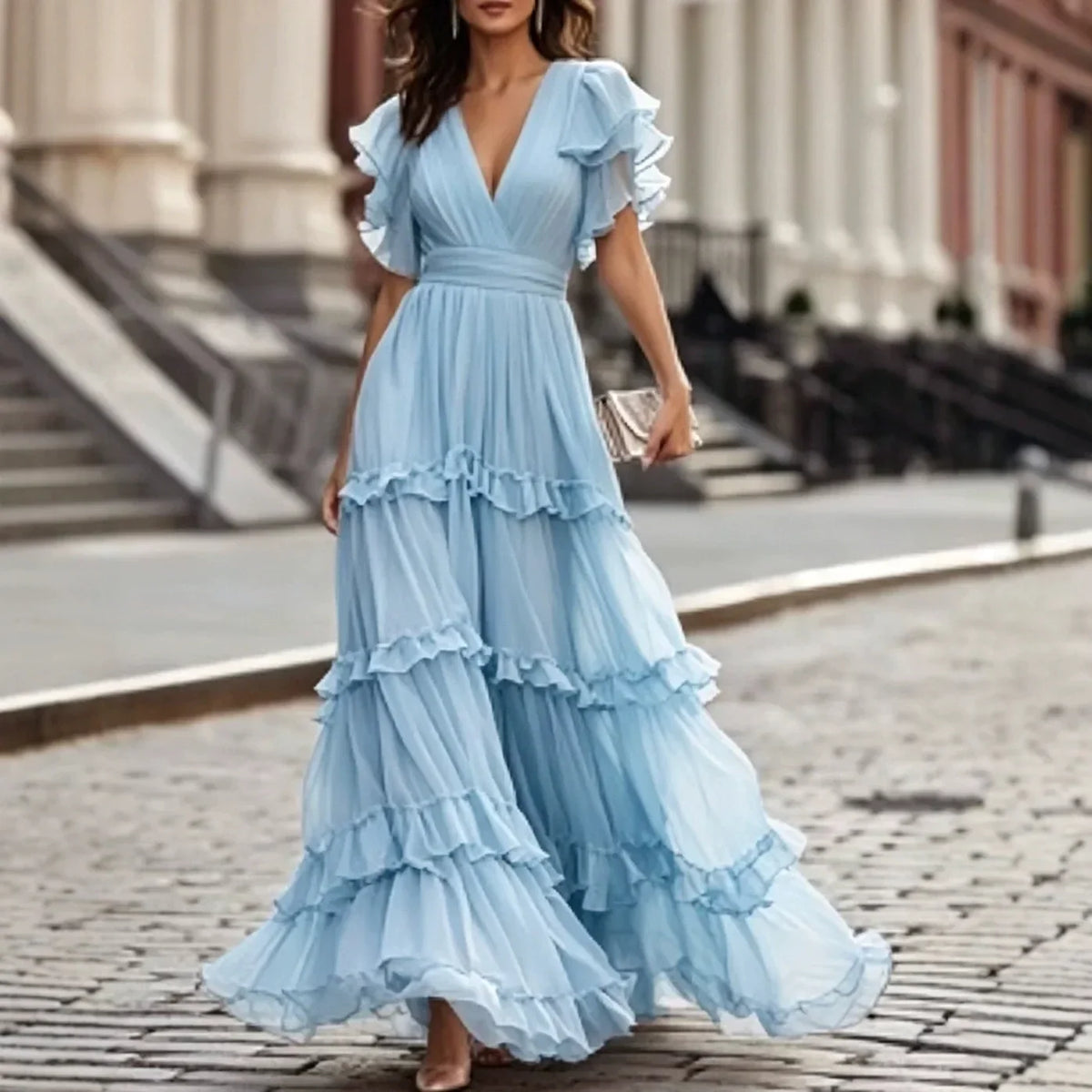 Zuzanna empire waist tiered maxi dress in blue, front view