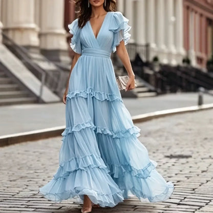 Zuzanna empire waist tiered maxi dress in blue, front view
