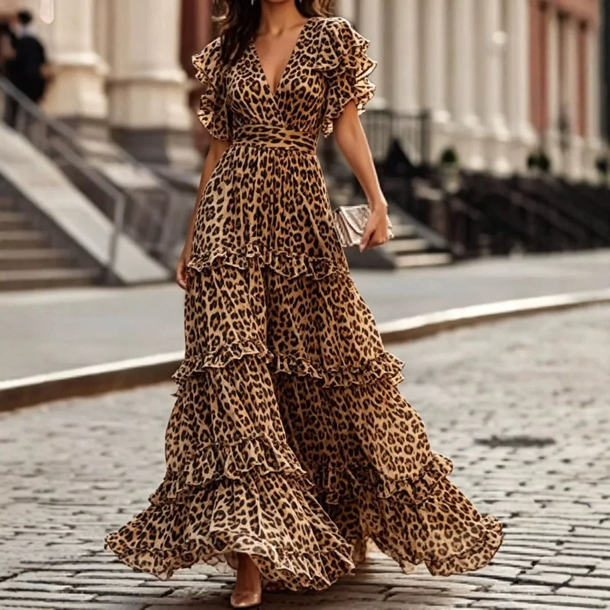 Empire waist tiered maxi dress in leopard